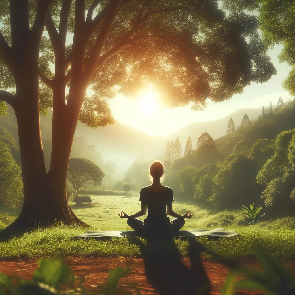 Person meditating in a serene landscape, symbolizing mental peace and holistic wellness.